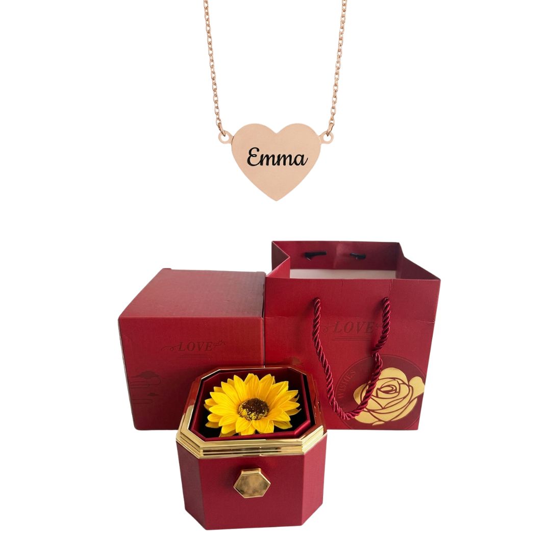 Coffret Tournesol Éternel & Collier Cœur Personnalisé