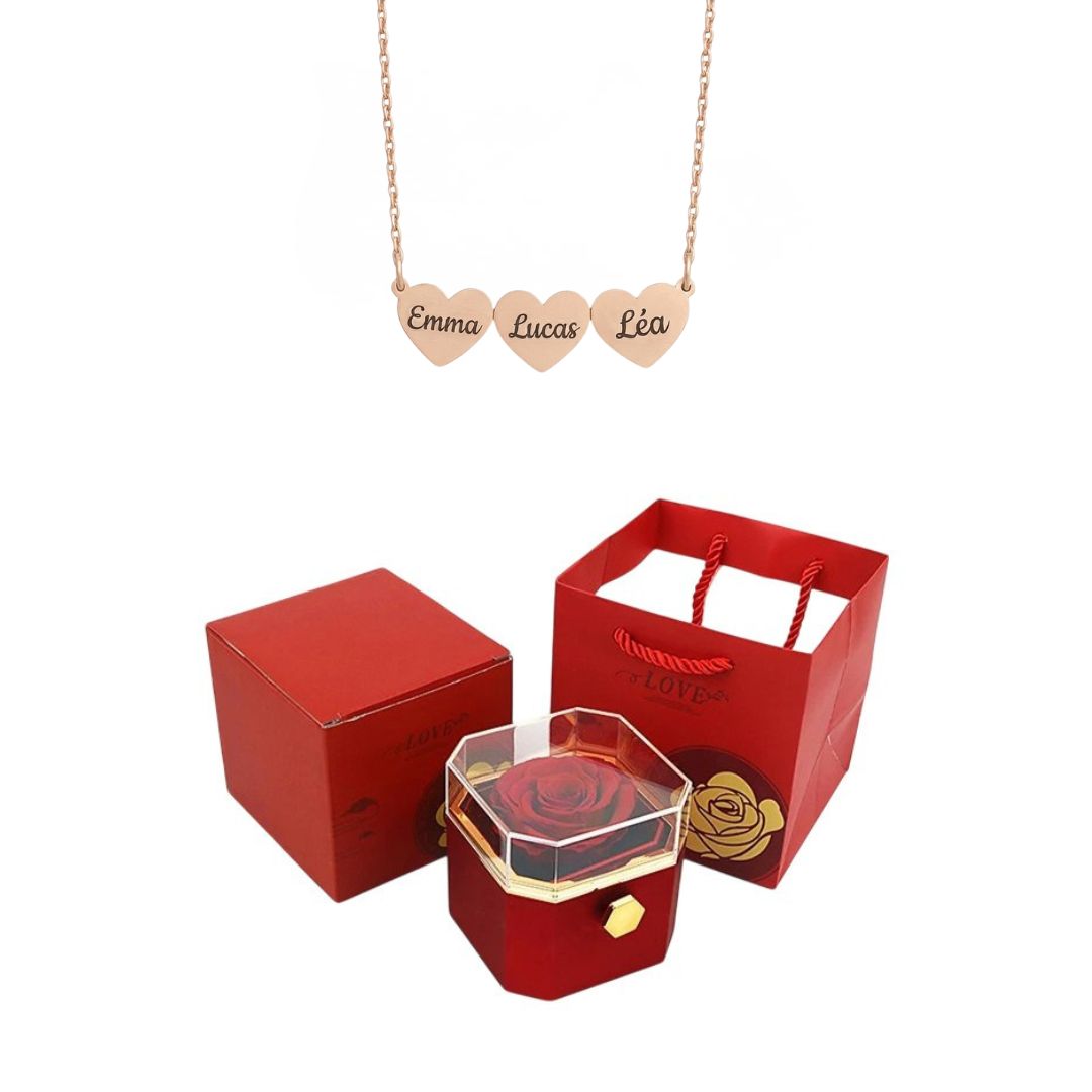 Coffret Rose Éternelle & Collier Cœur Personnalisé