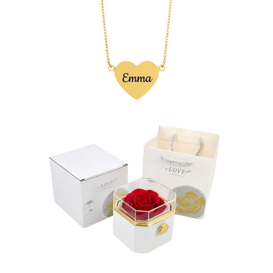 Coffret Rose Éternelle & Collier Cœur Personnalisé