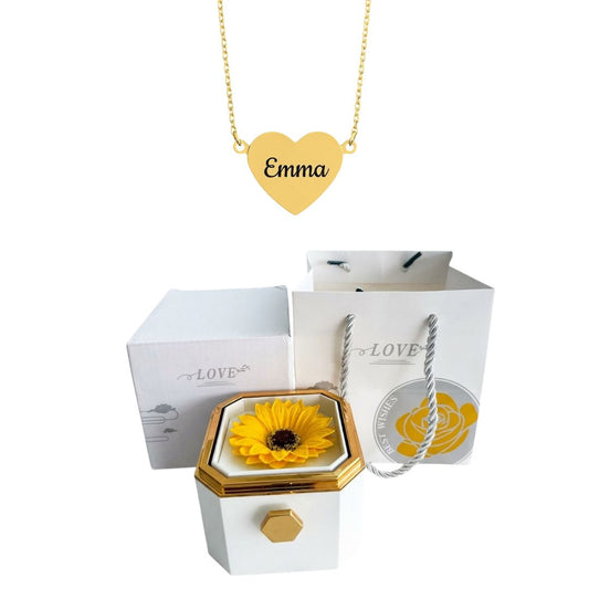 Coffret Tournesol Éternel & Collier Cœur Personnalisé