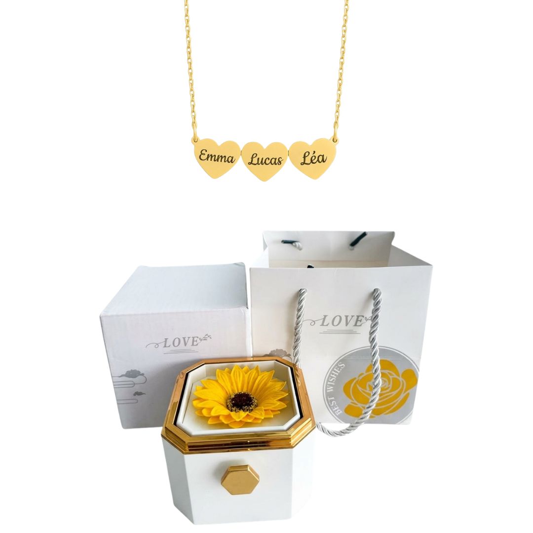 Coffret Tournesol Éternel & Collier Cœur Personnalisé