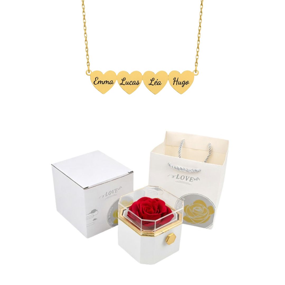Coffret Rose Éternelle & Collier Cœur Personnalisé