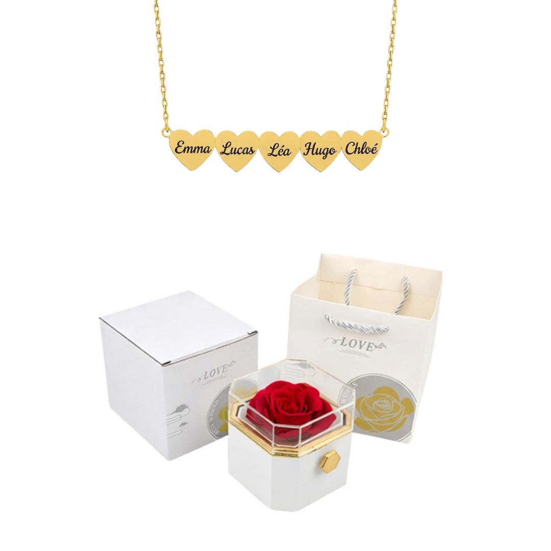 Coffret Rose Éternelle & Collier Cœur Personnalisé