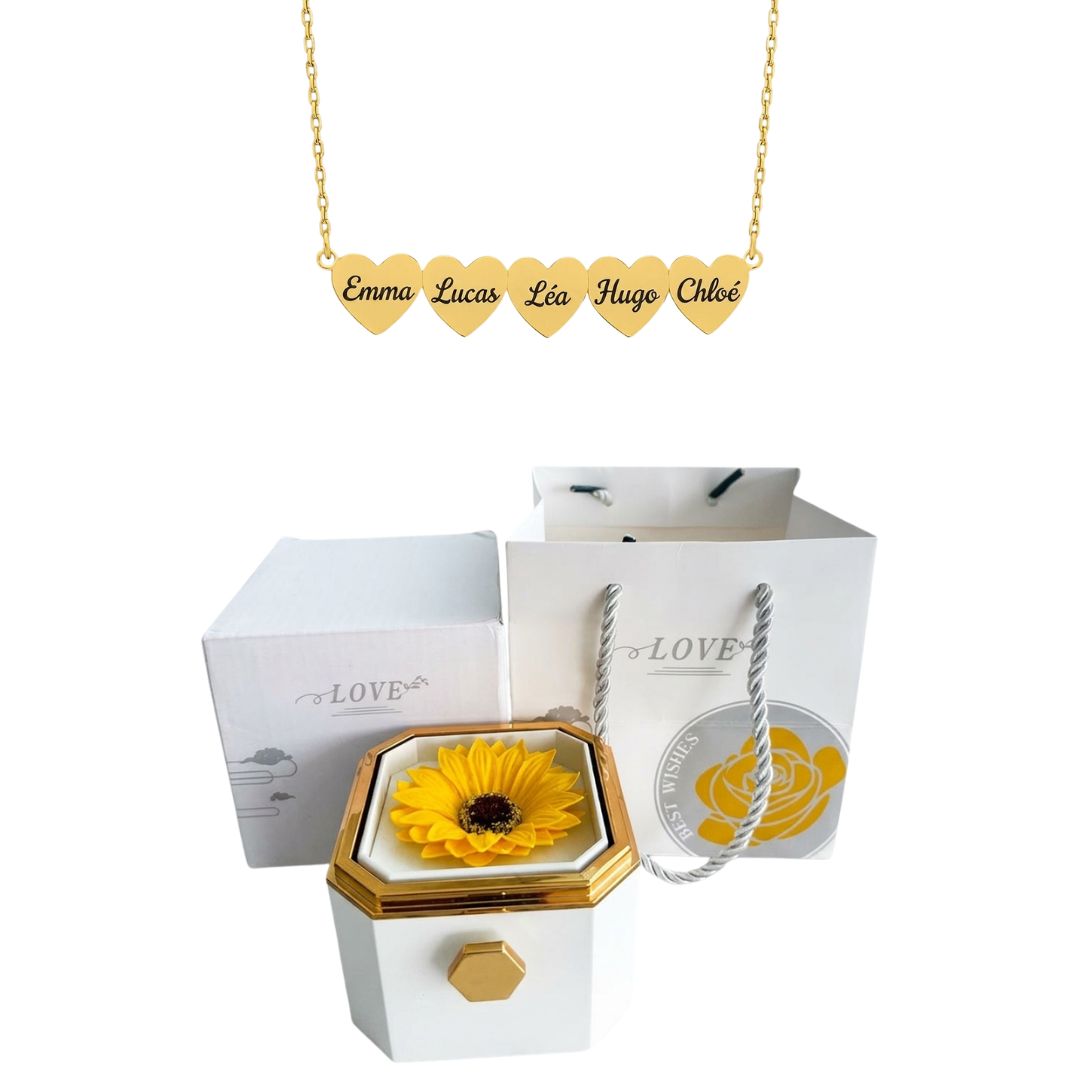 Coffret Tournesol Éternel & Collier Cœur Personnalisé