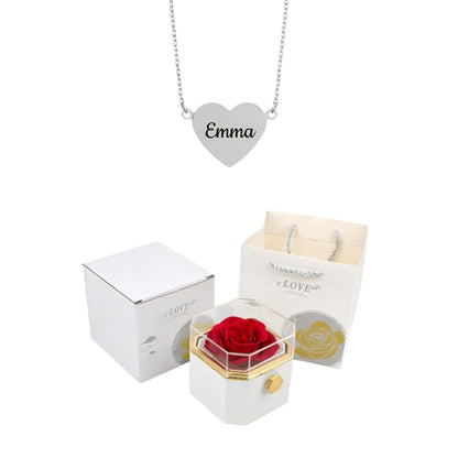 Coffret Rose Éternelle & Collier Cœur Personnalisé
