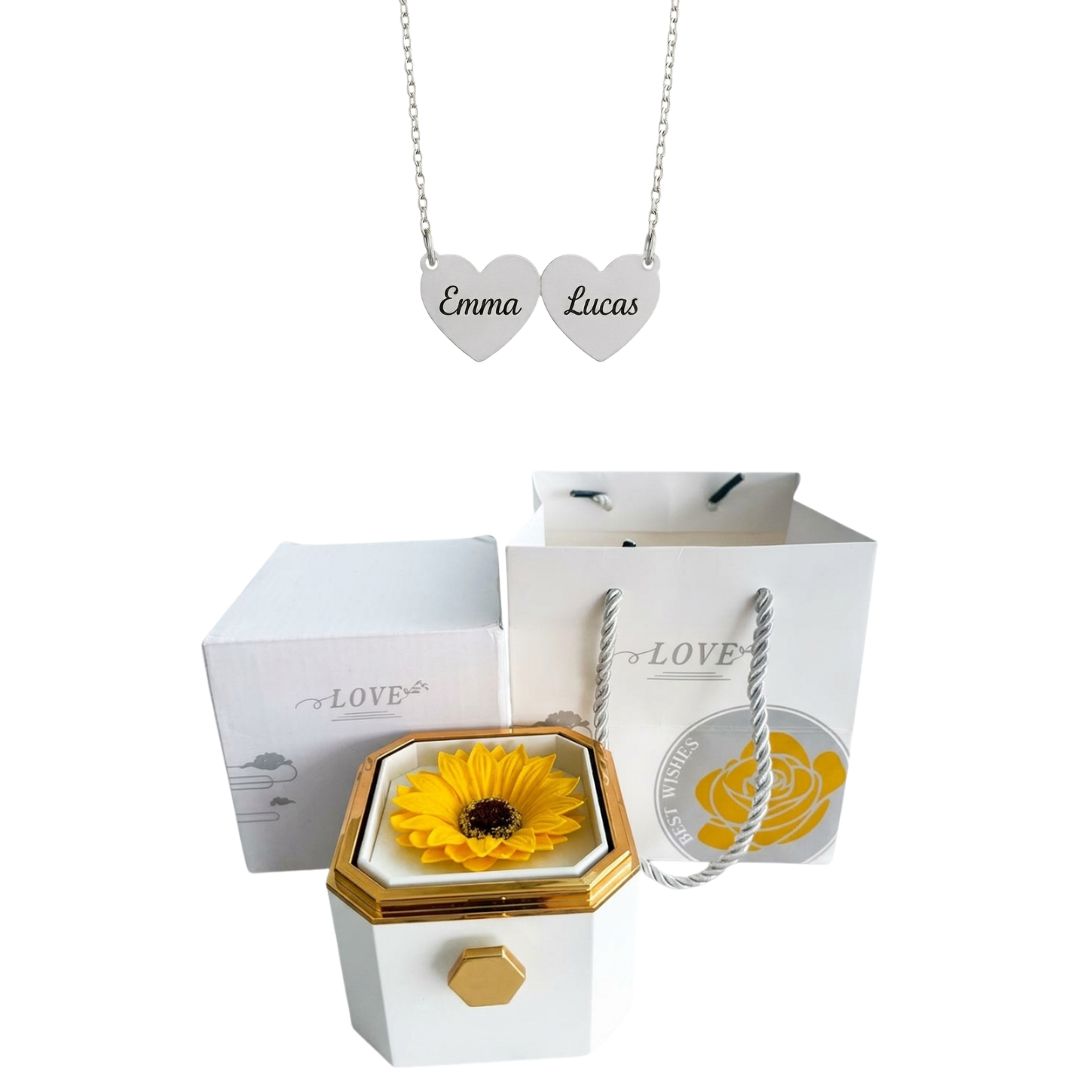 Coffret Tournesol Éternel & Collier Cœur Personnalisé