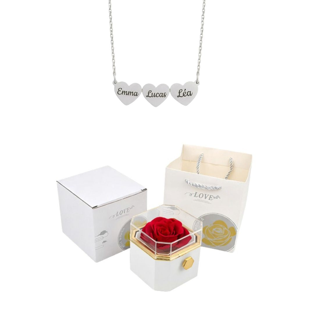 Coffret Rose Éternelle & Collier Cœur Personnalisé