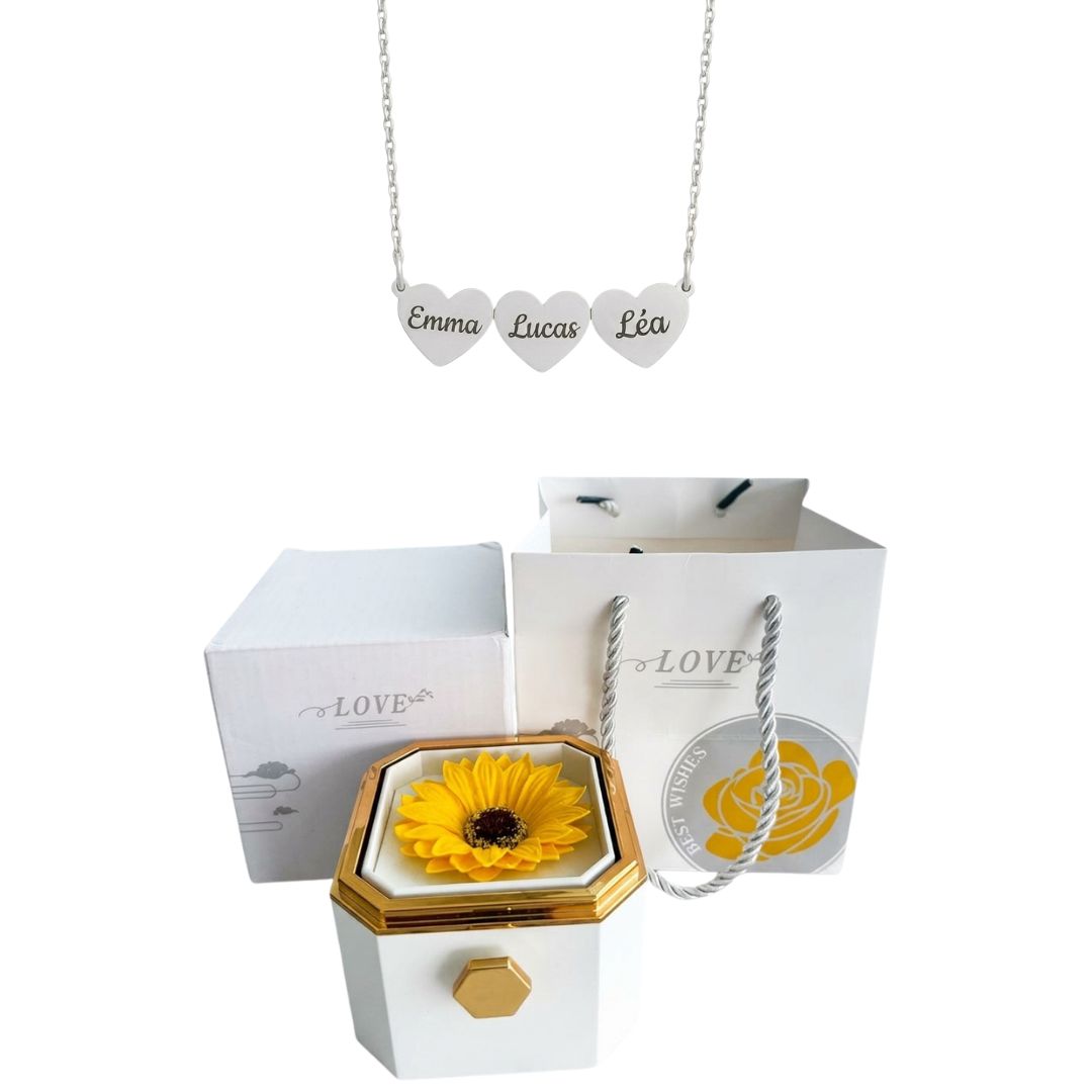 Coffret Tournesol Éternel & Collier Cœur Personnalisé