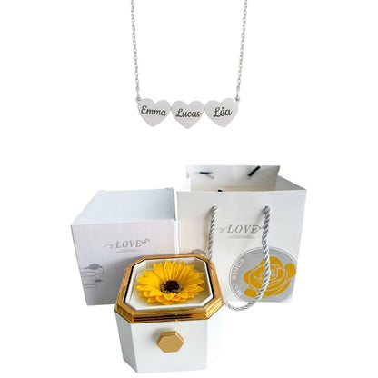 Coffret Tournesol Éternel & Collier Cœur Personnalisé