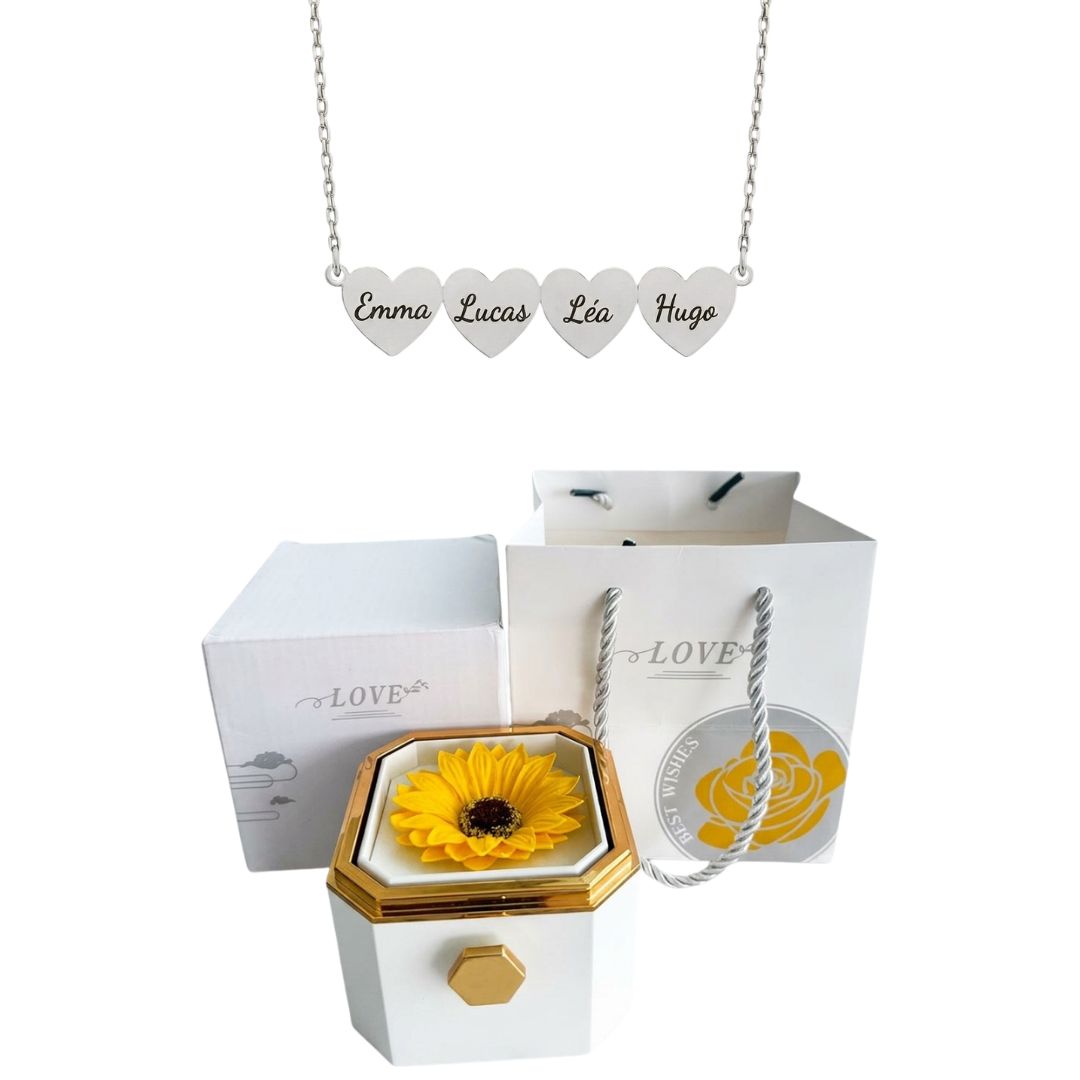 Coffret Tournesol Éternel & Collier Cœur Personnalisé