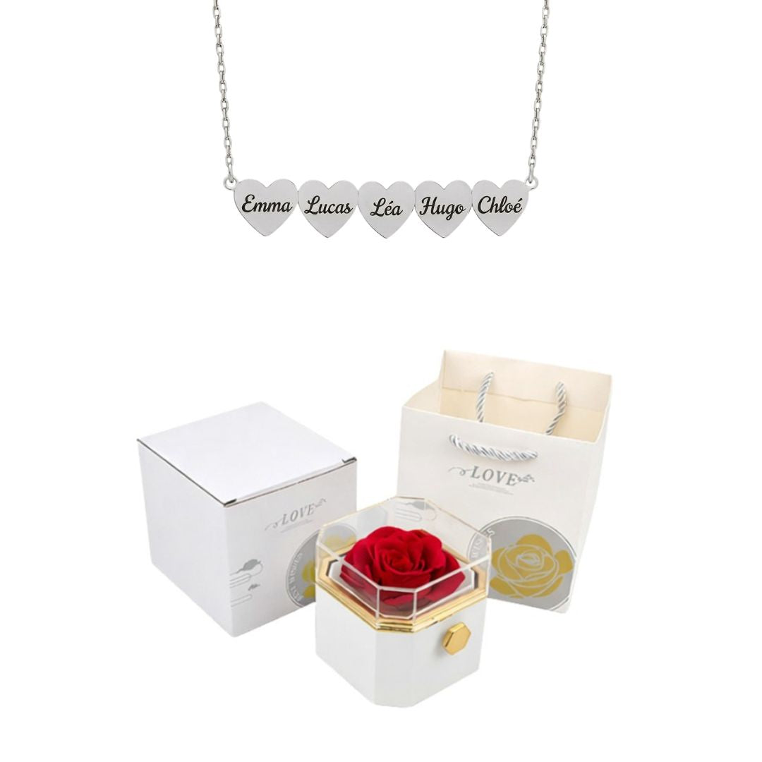 Coffret Rose Éternelle & Collier Cœur Personnalisé