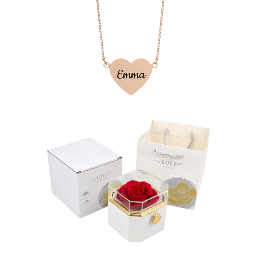 Coffret Rose Éternelle & Collier Cœur Personnalisé