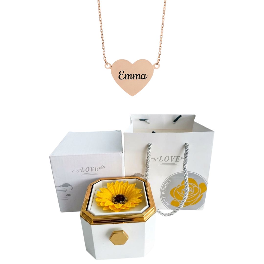 Coffret Tournesol Éternel & Collier Cœur Personnalisé