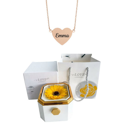 Coffret Tournesol Éternel & Collier Cœur Personnalisé