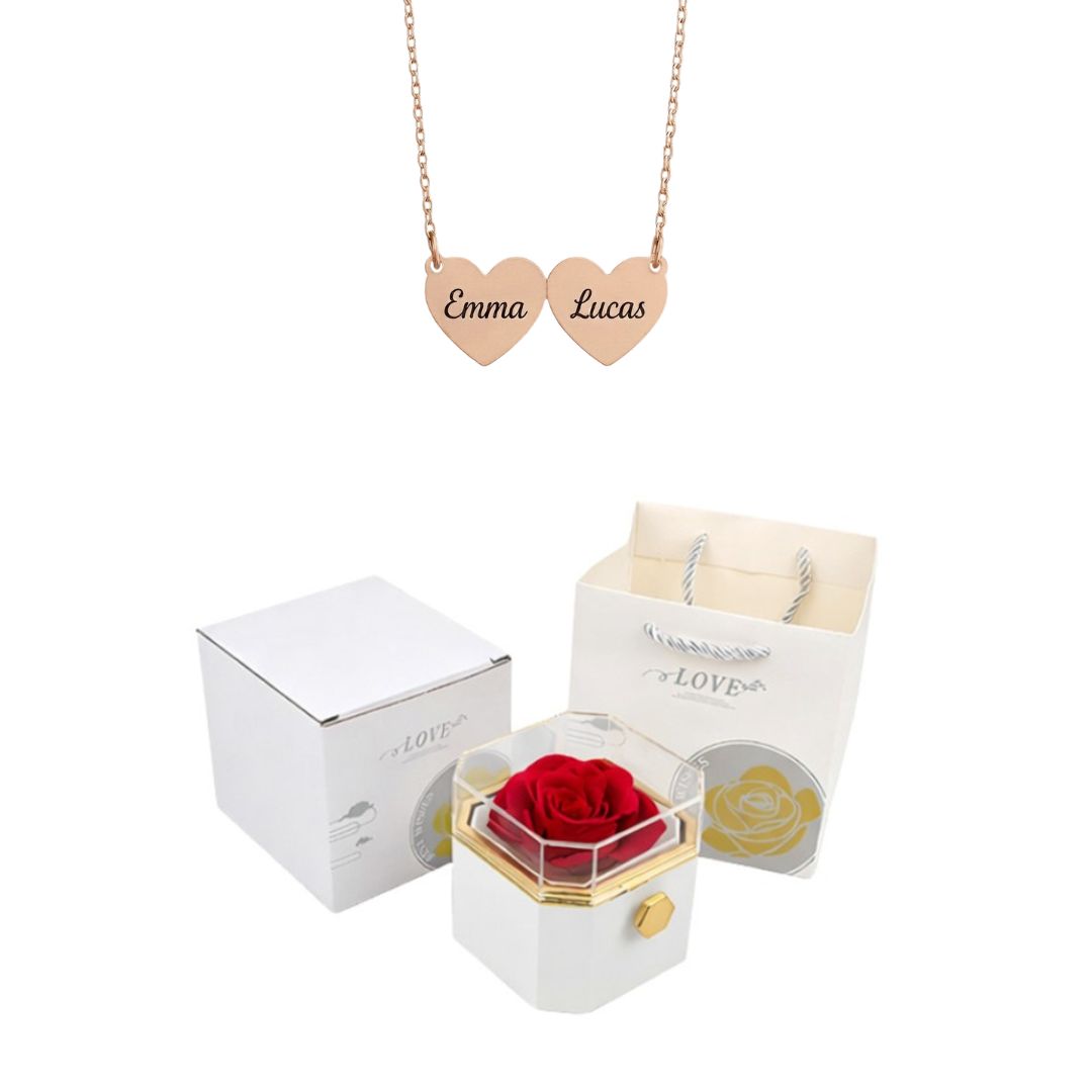 Coffret Rose Éternelle & Collier Cœur Personnalisé