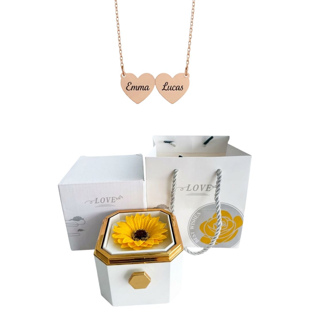 Coffret Tournesol Éternel & Collier Cœur Personnalisé