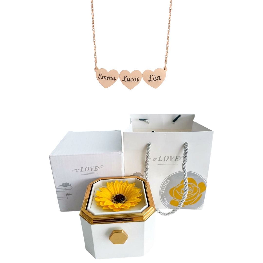 Coffret Tournesol Éternel & Collier Cœur Personnalisé
