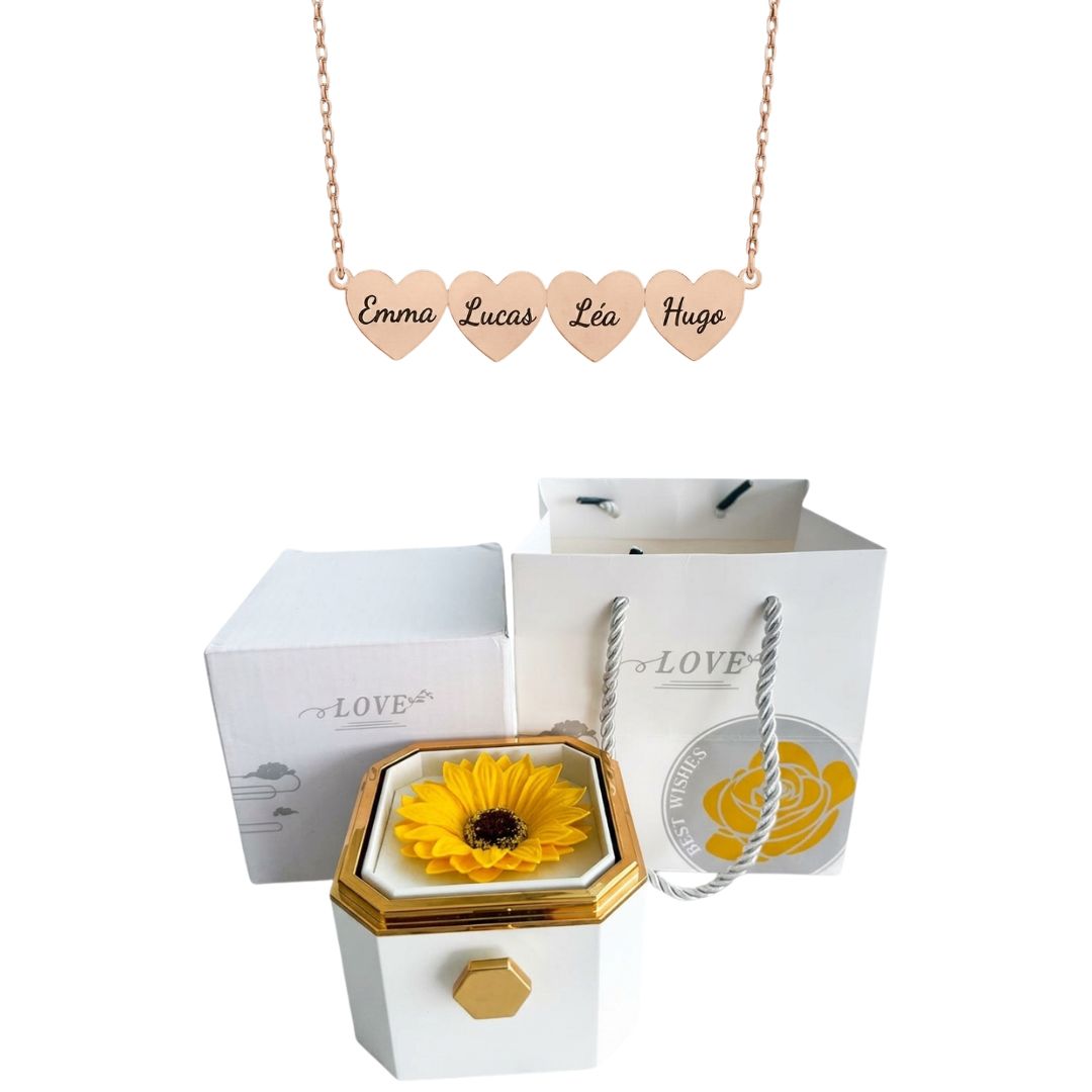 Coffret Tournesol Éternel & Collier Cœur Personnalisé