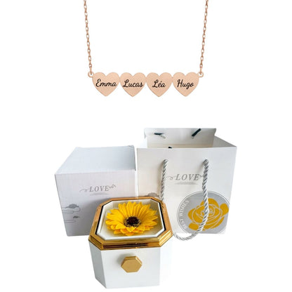 Coffret Tournesol Éternel & Collier Cœur Personnalisé