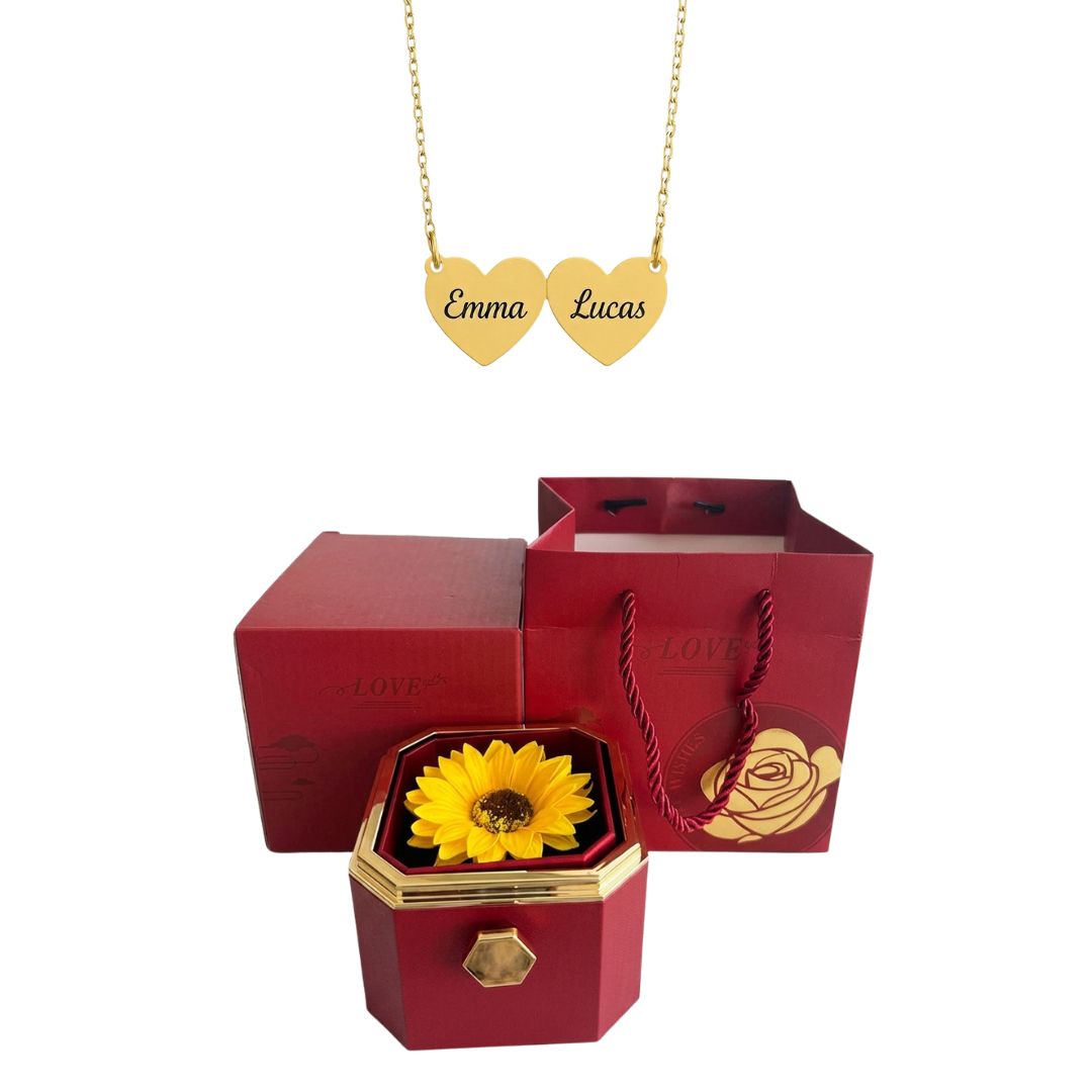 Coffret Tournesol Éternel & Collier Cœur Personnalisé