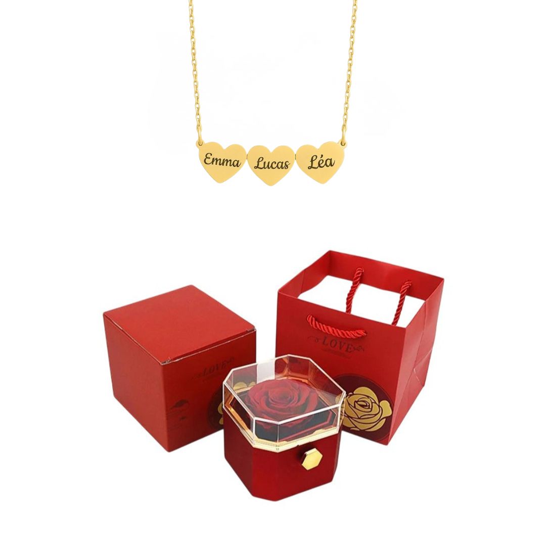 Coffret Rose Éternelle & Collier Cœur Personnalisé