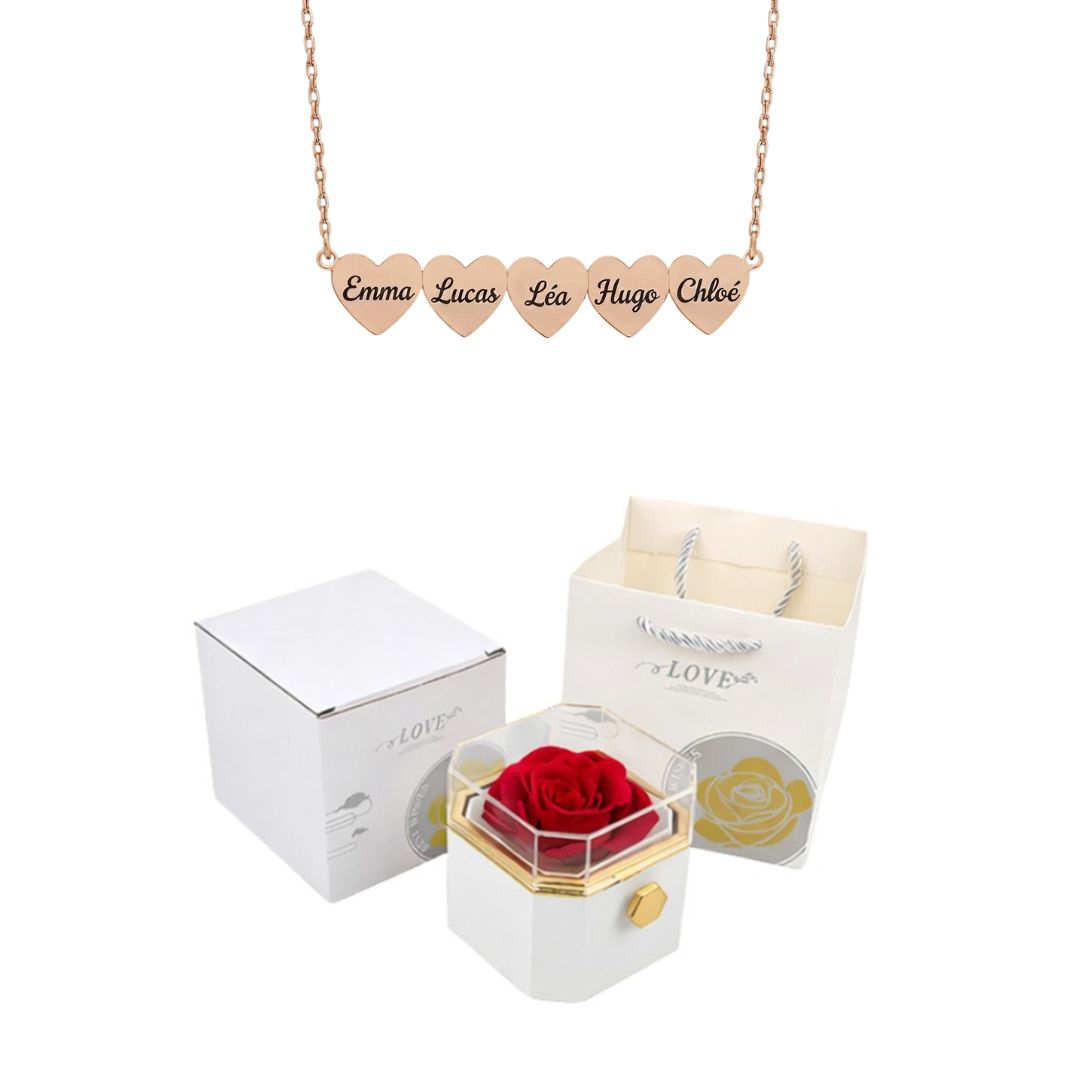 Coffret Rose Éternelle & Collier Cœur Personnalisé