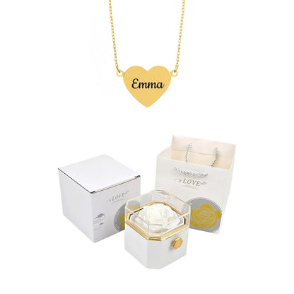 Coffret Rose Éternelle & Collier Cœur Personnalisé