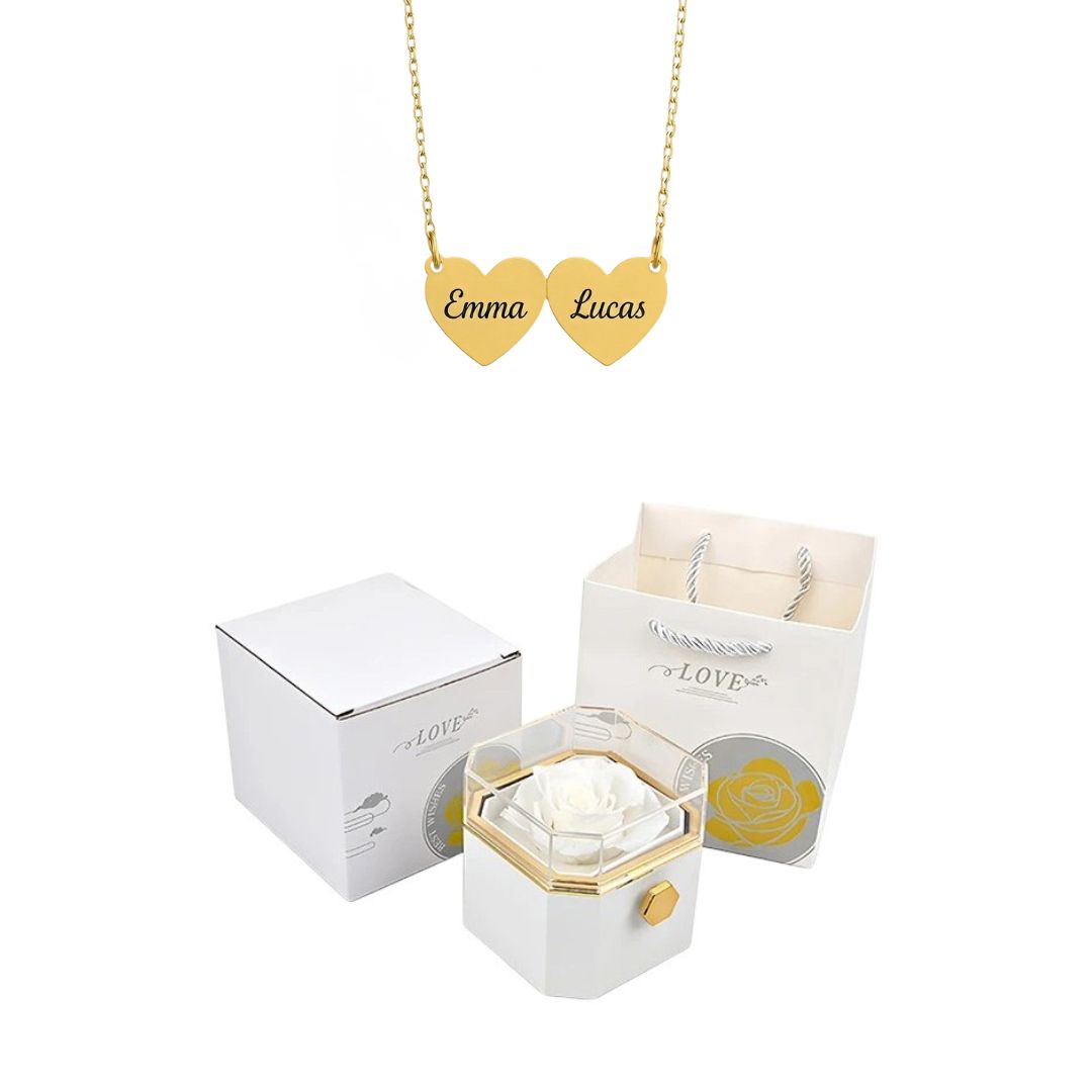 Coffret Rose Éternelle & Collier Cœur Personnalisé