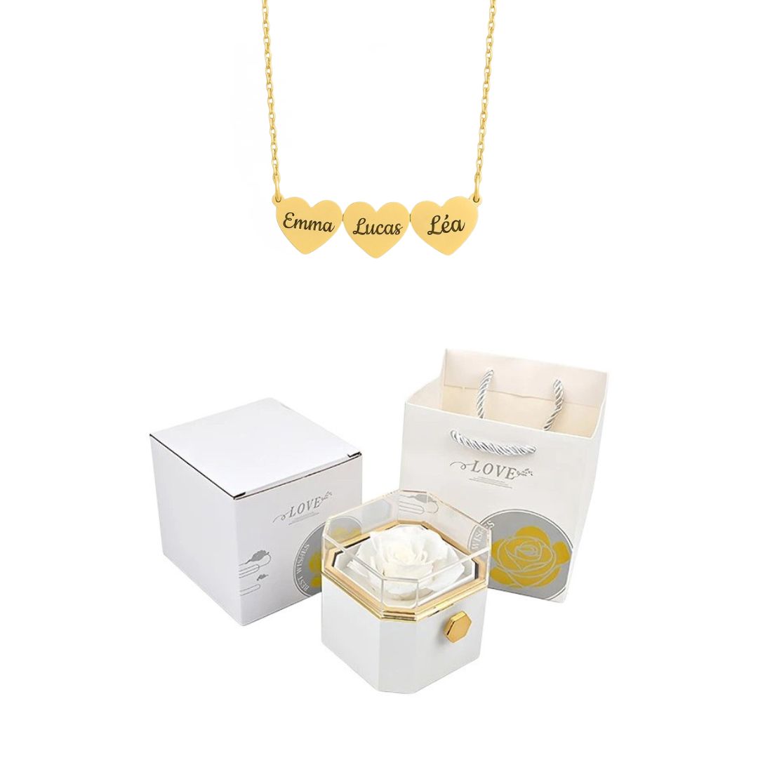 Coffret Rose Éternelle & Collier Cœur Personnalisé