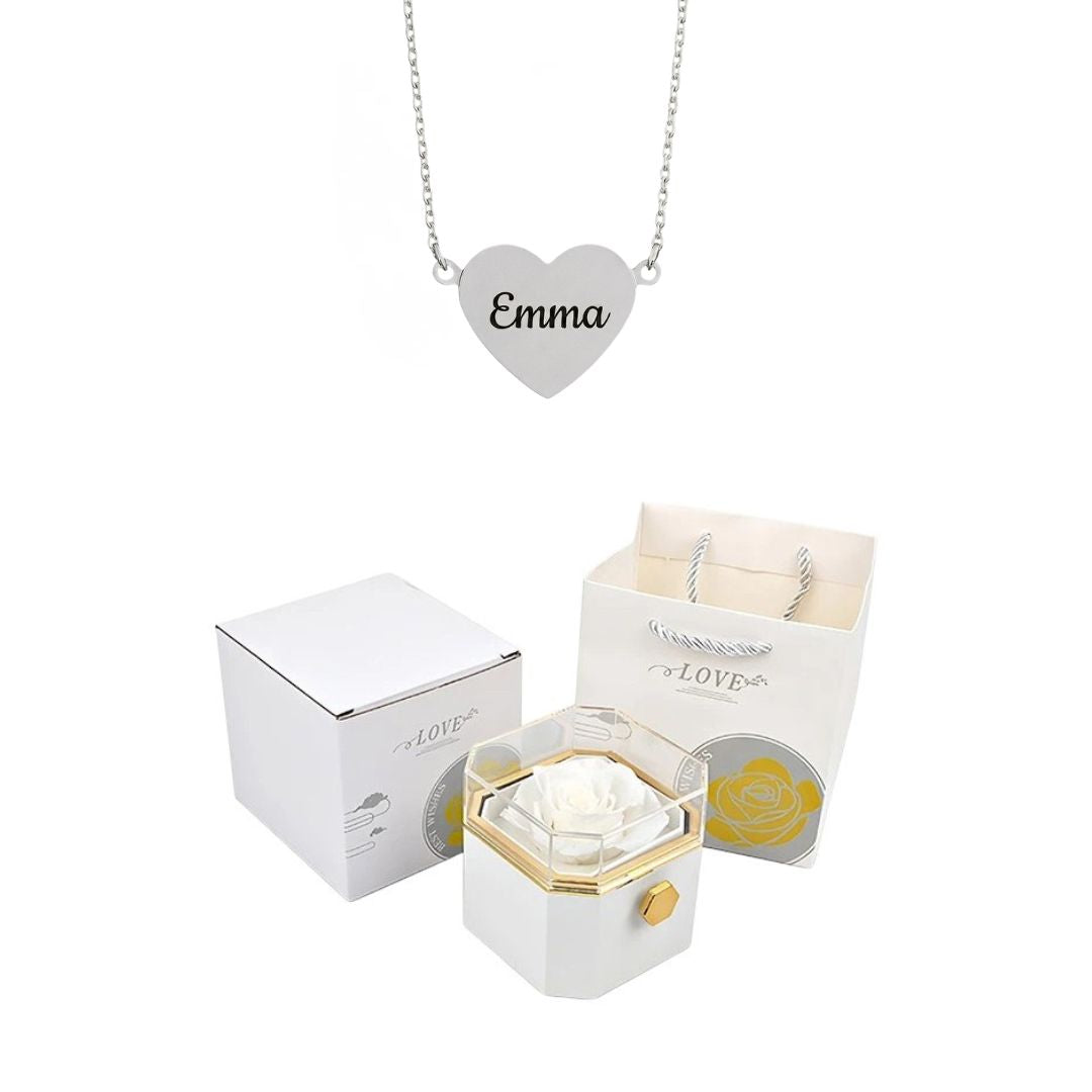 Coffret Rose Éternelle & Collier Cœur Personnalisé