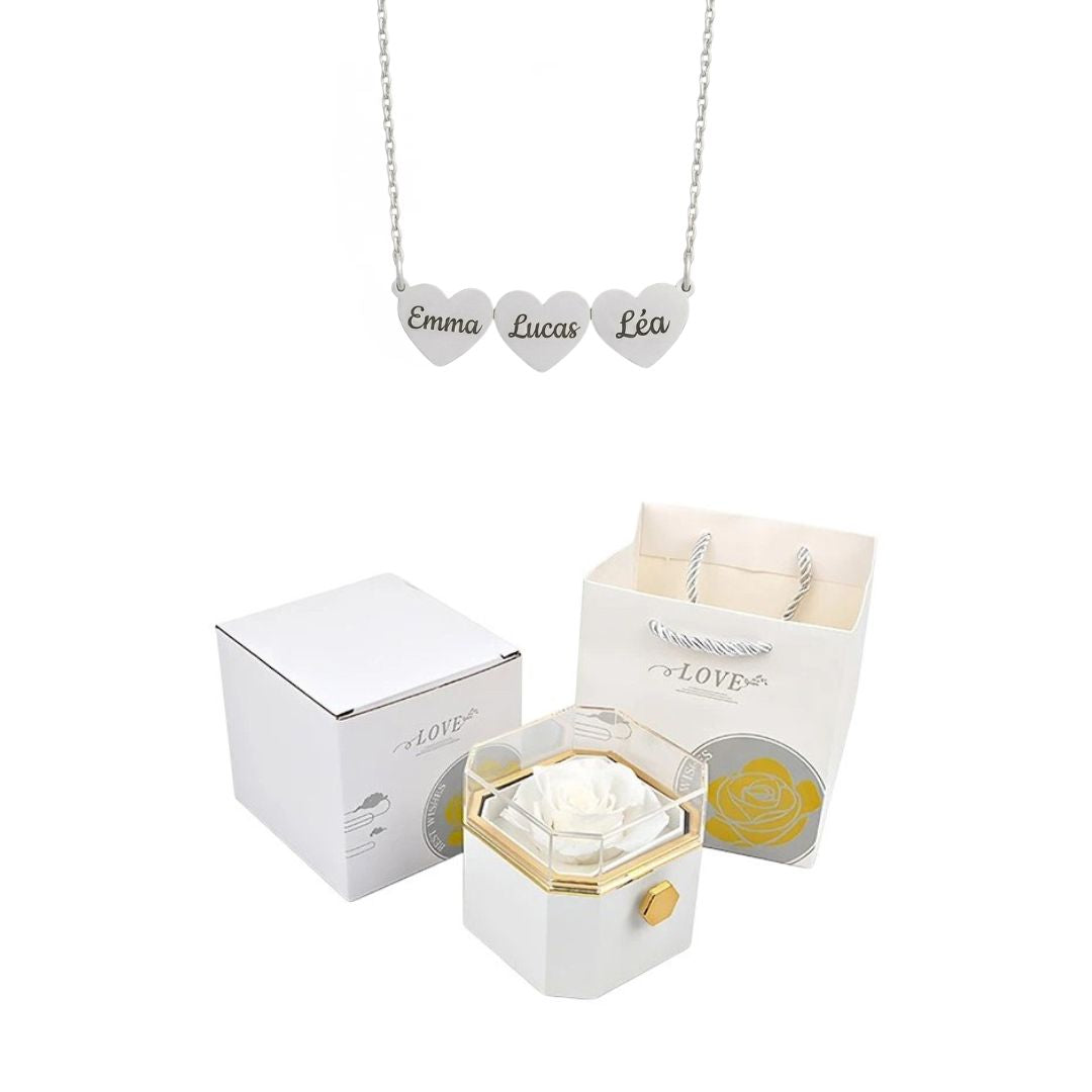 Coffret Rose Éternelle & Collier Cœur Personnalisé