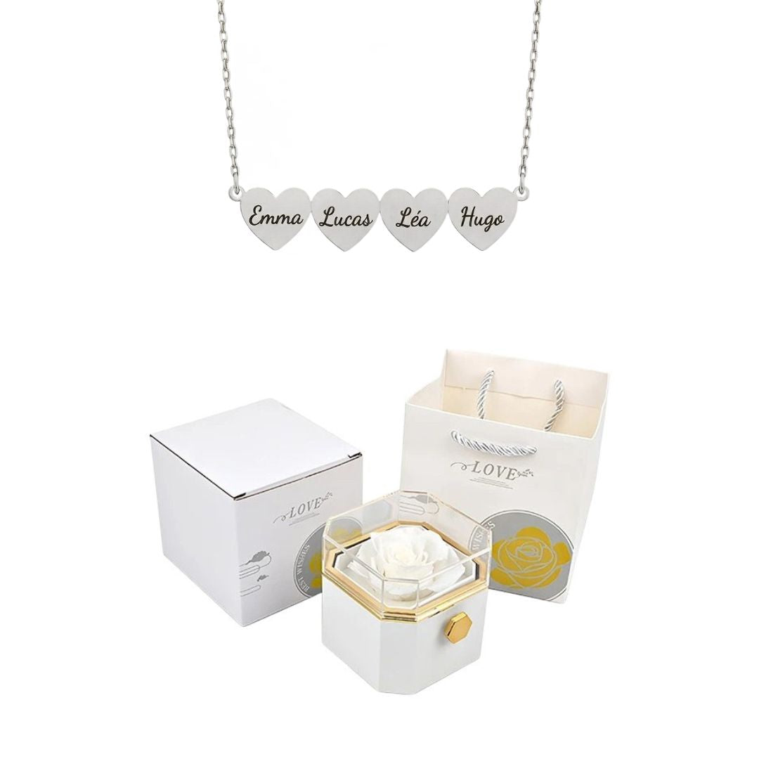 Coffret Rose Éternelle & Collier Cœur Personnalisé