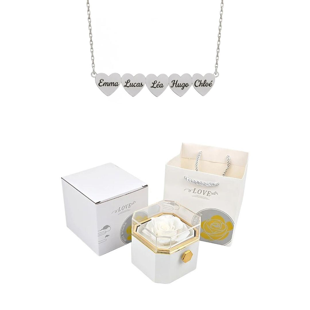 Coffret Rose Éternelle & Collier Cœur Personnalisé