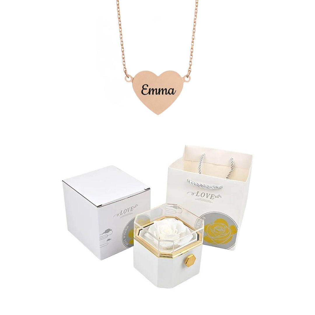 Coffret Rose Éternelle & Collier Cœur Personnalisé