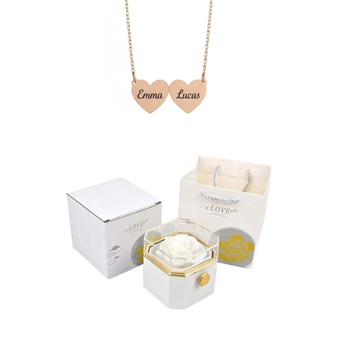 Coffret Rose Éternelle & Collier Cœur Personnalisé