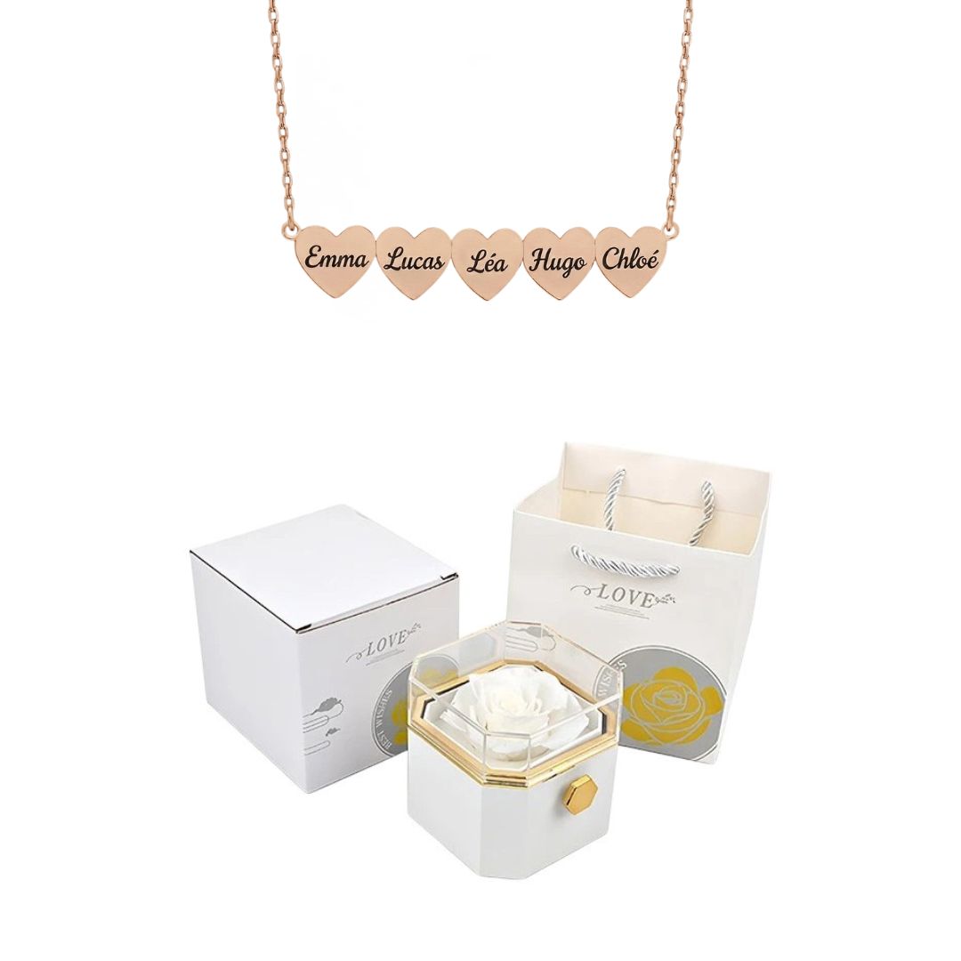 Coffret Rose Éternelle & Collier Cœur Personnalisé