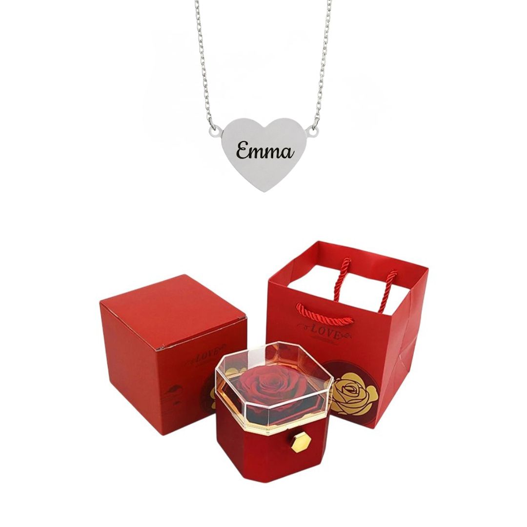 Coffret Rose Éternelle & Collier Cœur Personnalisé