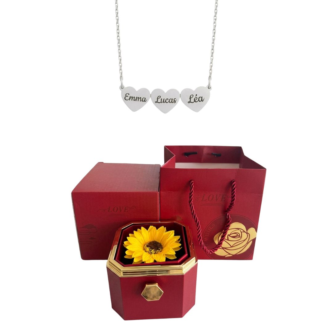 Coffret Tournesol Éternel & Collier Cœur Personnalisé